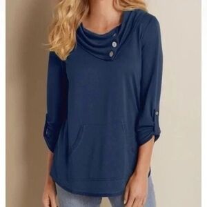 Soft Surroundings Kassidy Pullover Top Button Cowl Neck Pocket Small Blue